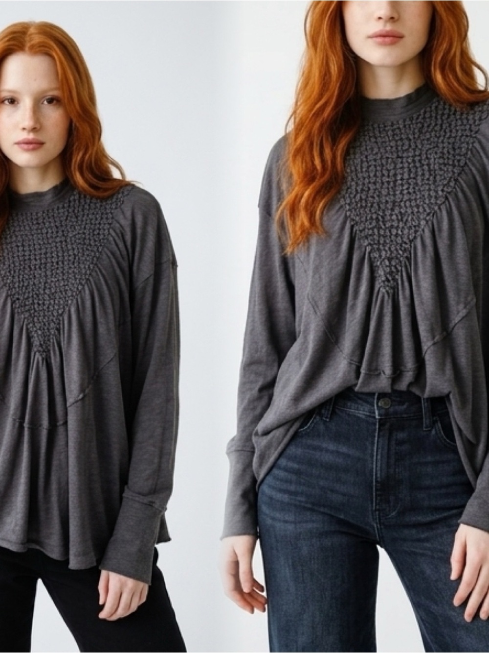 Smocked Yoke Long-Sleeve Pullover Sweatshirt Charcoal FREE PEOPLE NEW ROMANTICS - Picture 1 of 13